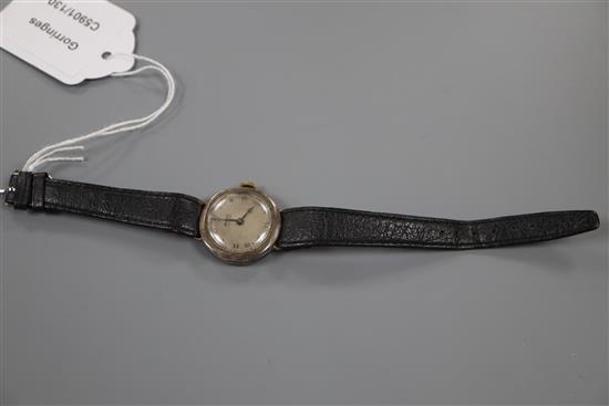 A gentlemans late 1930s silver Rolex Unicorn manual wind wrist watch, on associated leather strap.